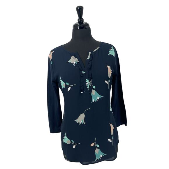 Van Heusen Women’s Blue Floral V-Neck 3/4 Sleeve Mixed Media Blouse Size Small S - Picture 1 of 8